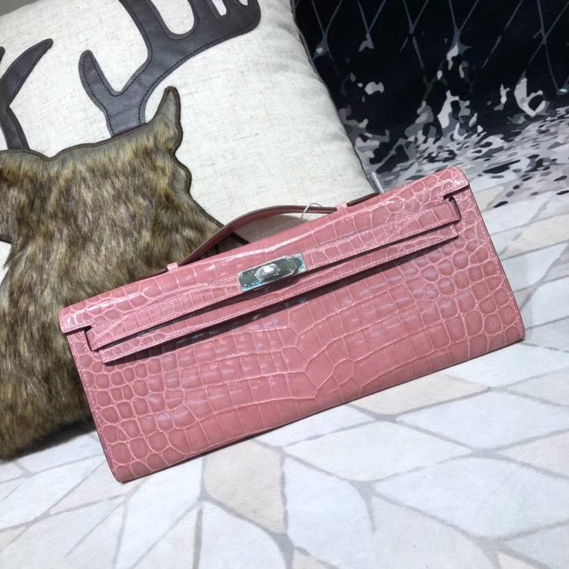 Hermes Kelly Cut 爱马仕陶瓷粉亮光尼罗鳄鱼皮晚宴手包 银扣