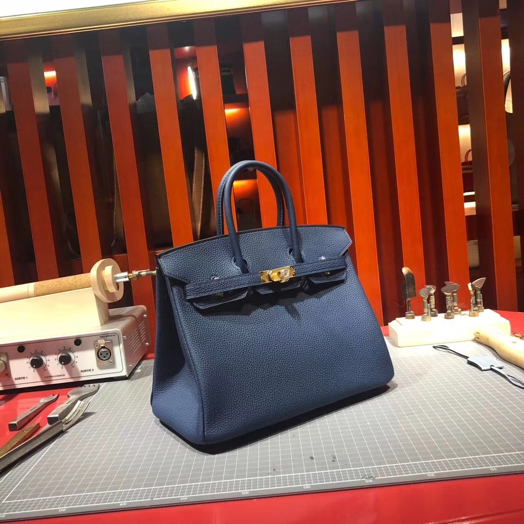 Hermes Birkin25CM 爱马仕法国顶级Togo牛皮铂金包 73宝石蓝 金扣