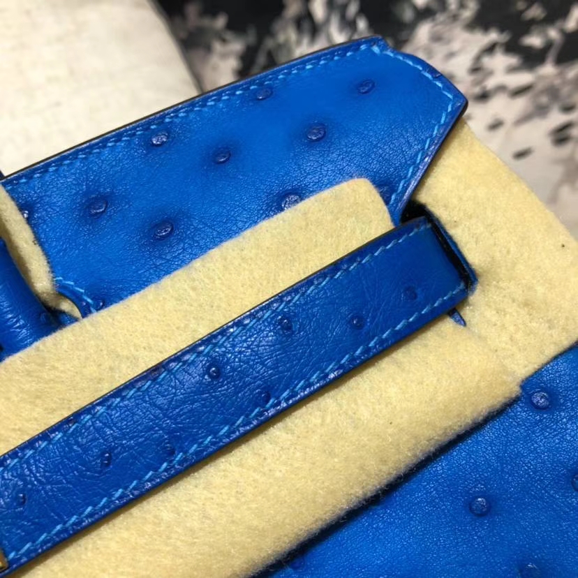 爱马仕包包官网 Hermes Birkin30CM 水妖蓝南非鸵鸟皮铂金包 金扣