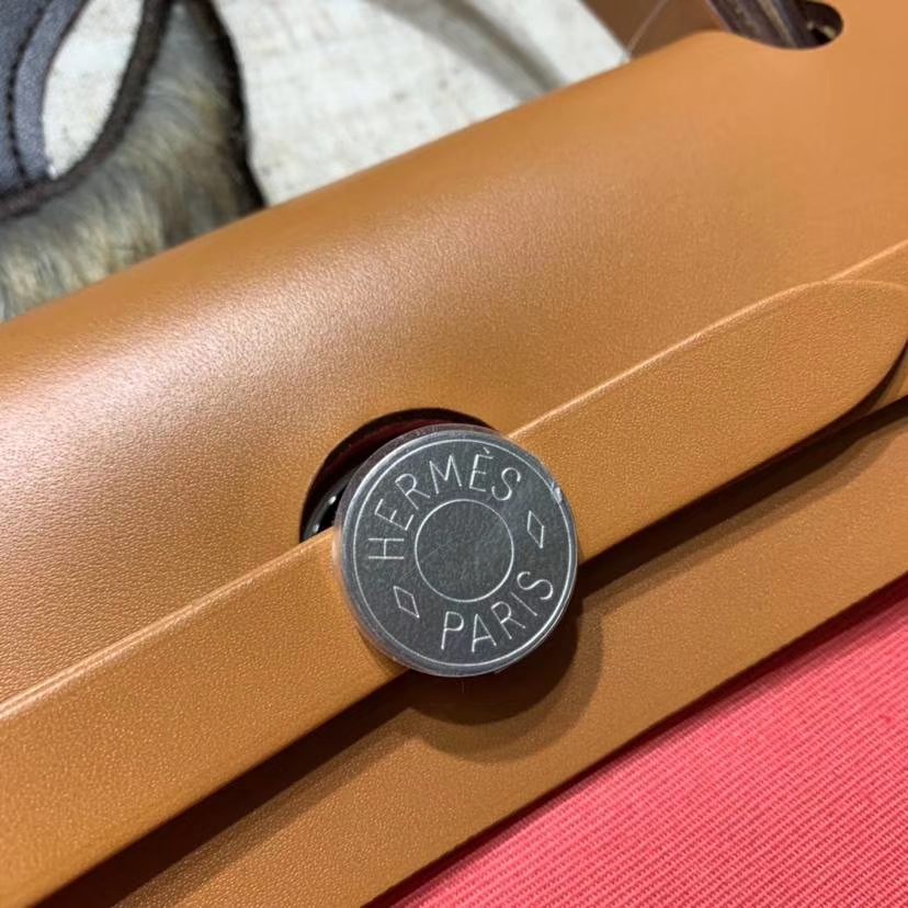 Hermes Herbag31CM 爱马仕唇膏粉帆布拼马鞍皮休闲手提单肩包