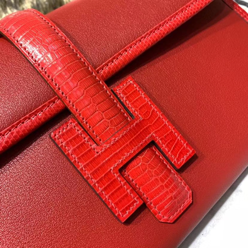 爱马仕长款钱包 Hermes Jige 红色Swift皮拼蜥蜴皮长款钱夹手包