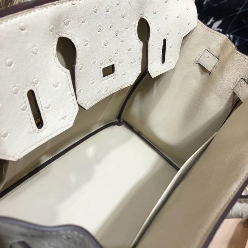 Hermes Birkin30CM 爱马仕羊毛白南非鸵鸟皮铂金包Birkin女包 金扣