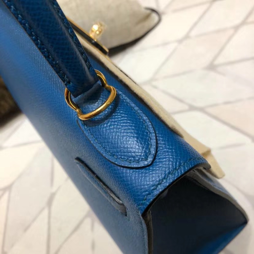 Hermes Kelly28CM 爱马仕经典女包 普鲁士蓝顶级掌纹牛皮外缝凯莉包 金扣