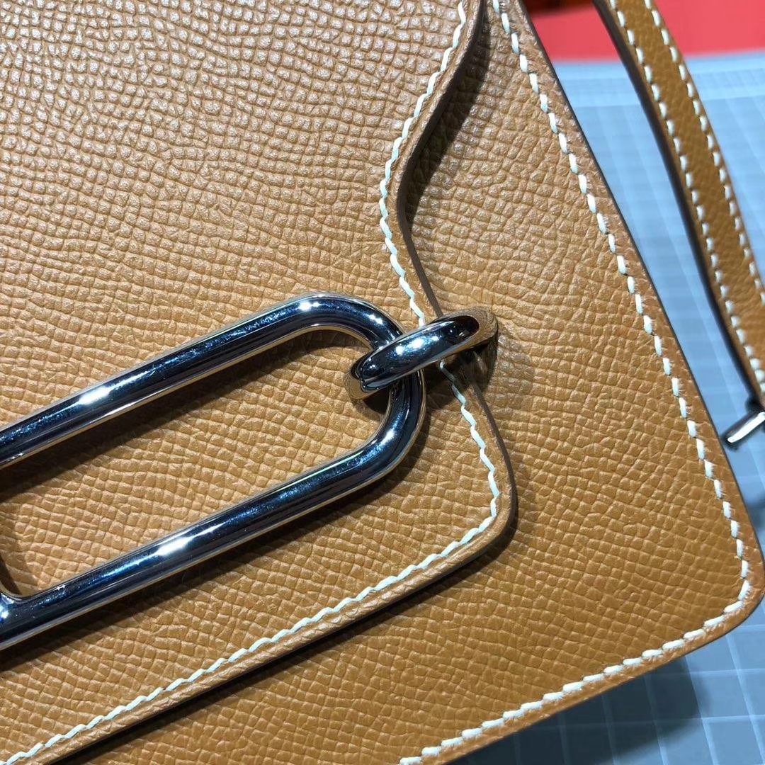 Hermes Roulis19CM 爱马仕CK75金棕色原厂掌纹牛皮猪鼻子包斜挎包 银扣