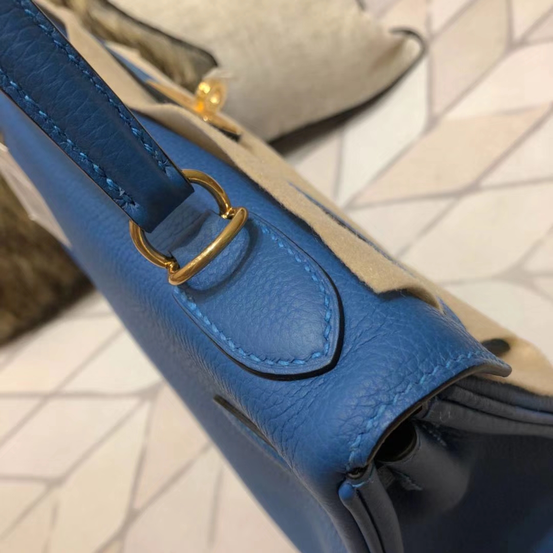 爱马仕凯莉包价格 Hermes Kelly32CM 希腊蓝原厂御用小牛皮Kelly女包 金扣