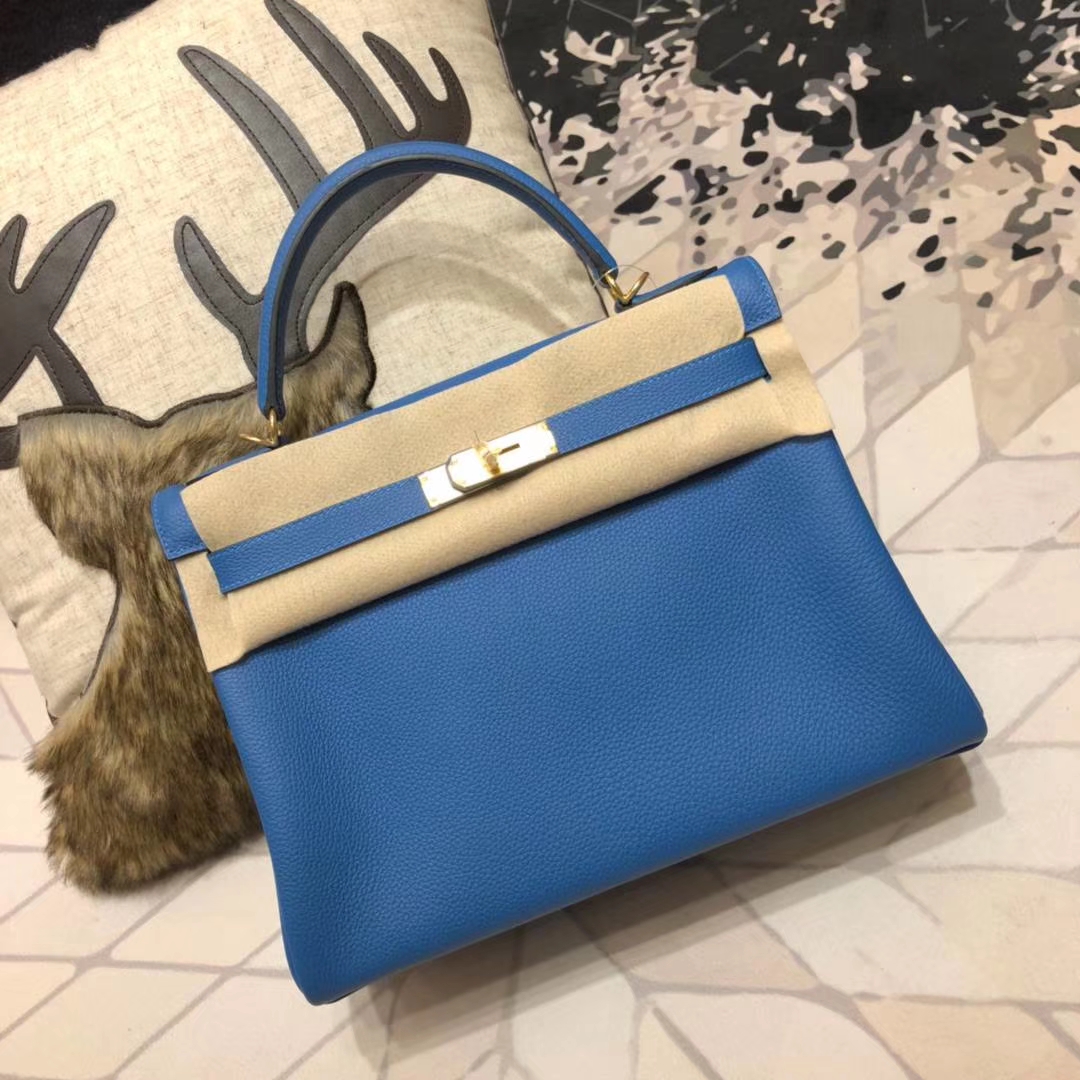 爱马仕凯莉包价格 Hermes Kelly32CM 希腊蓝原厂御用小牛皮Kelly女包 金扣