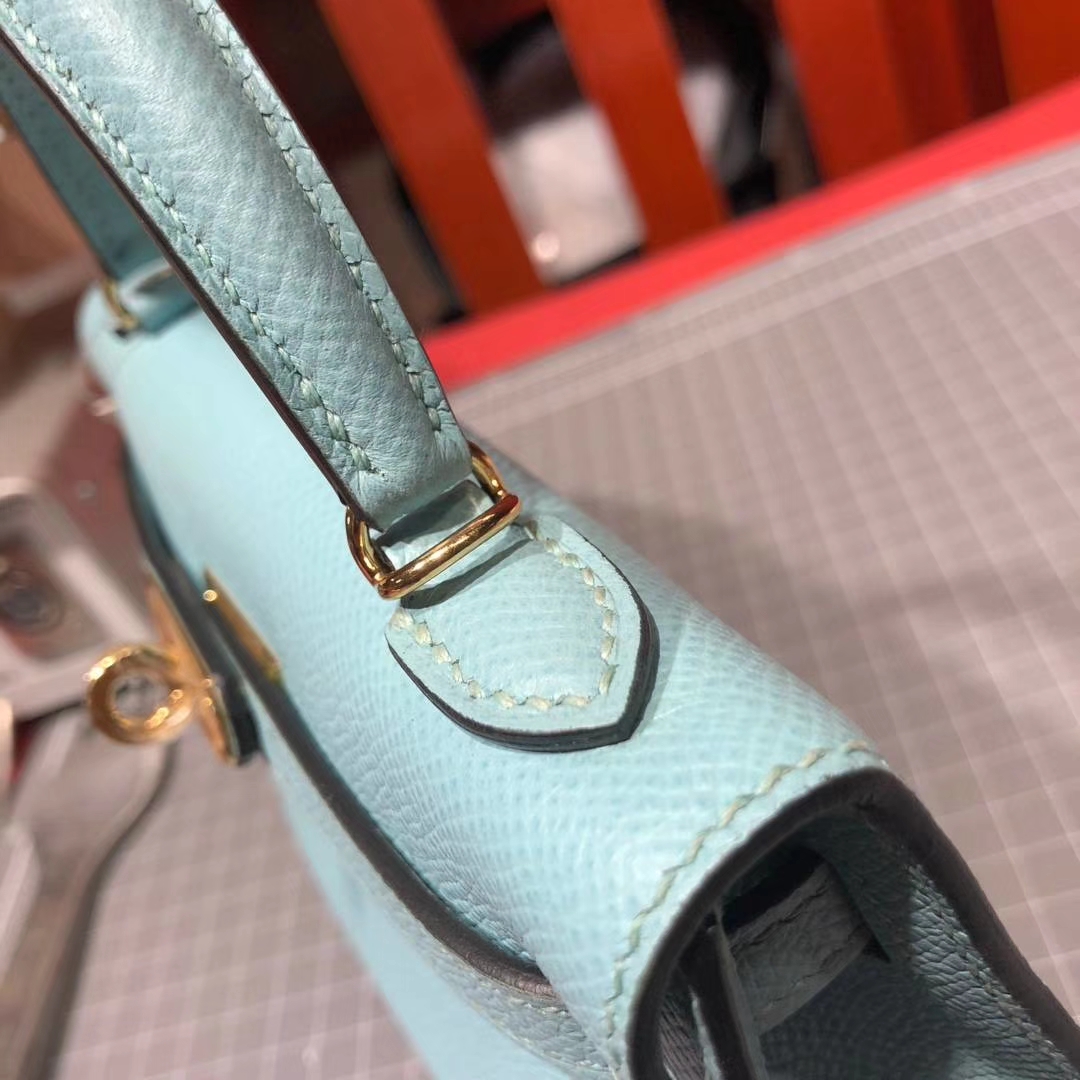 Hermes Minikelly2代 爱马仕顶级Epsom牛皮迷你凯莉包2代晚宴包 马卡龙蓝 金扣