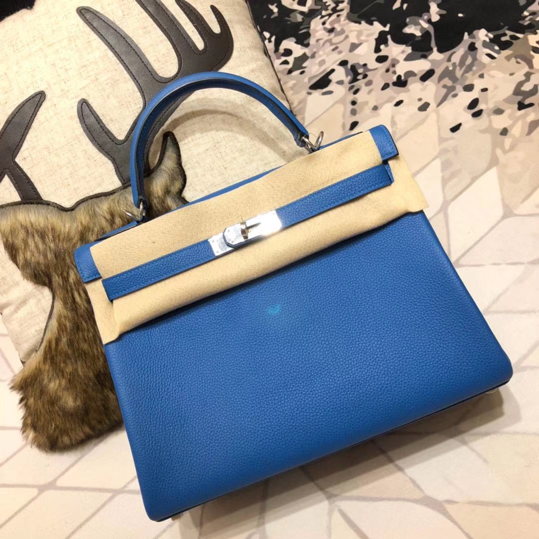 Hermes包包官网 爱马仕希腊蓝原厂御用Togo牛皮凯莉包Kelly32CM 银扣