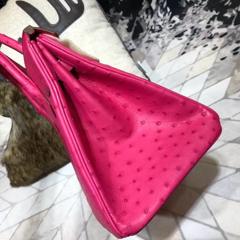 广州包包批发 Hermes爱马仕桃红色南非鸵鸟皮铂金包Birkin30CM 金扣