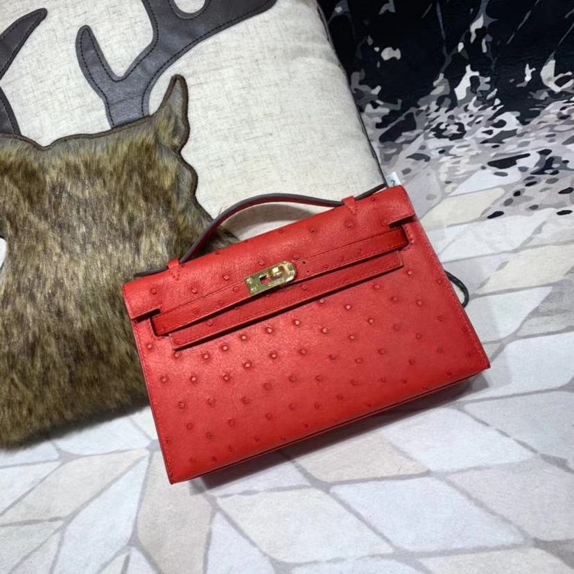 爱马仕迷你凯莉包 Hermes Minikelly Pochette22CM 51中国红南非鸵鸟皮 金扣