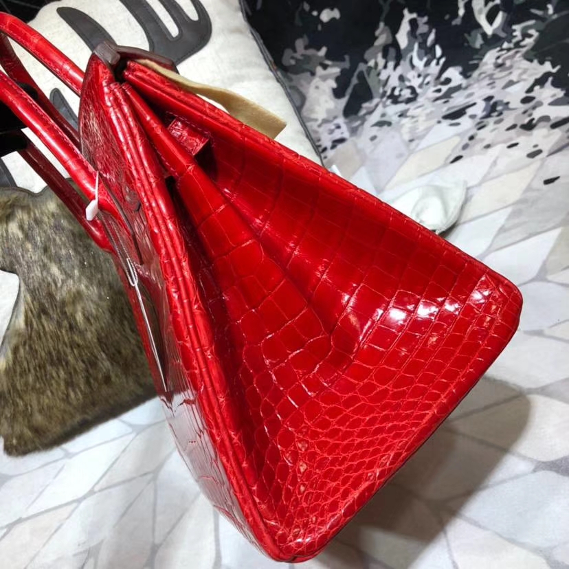 厂家直销 Hermes爱马仕Birkin30铂金包 法拉利红亮光尼罗鳄鱼皮 金扣