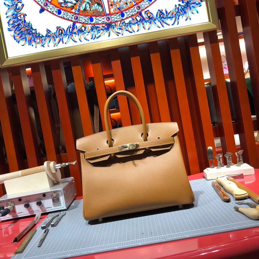 爱马仕铂金包定制 Hermes Birkin30CM ck75土黄色原厂Epsom牛皮 金扣