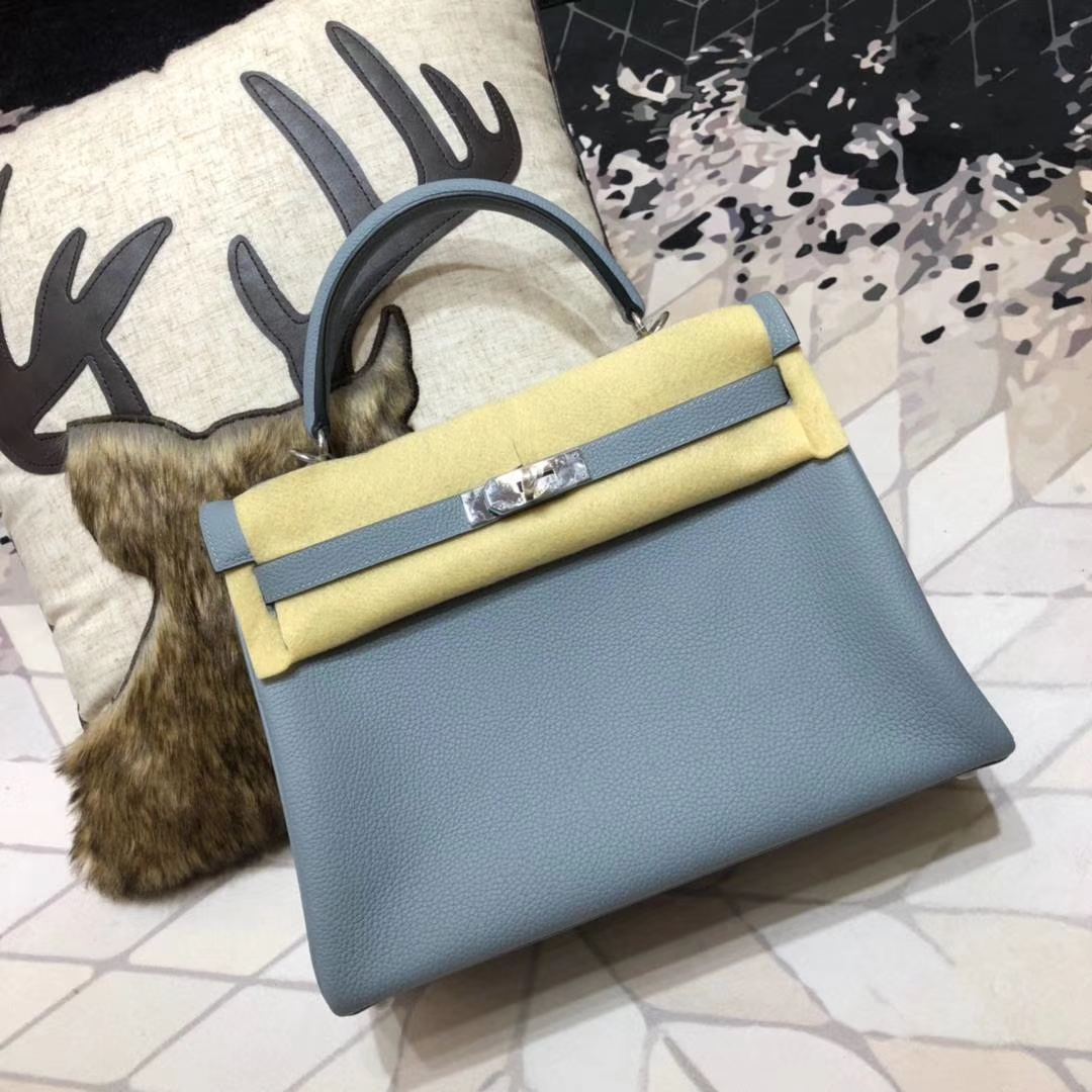 爱马仕经典女包 Hermes Kelly32CM 亚麻蓝原厂Togo小牛皮凯莉包 银扣