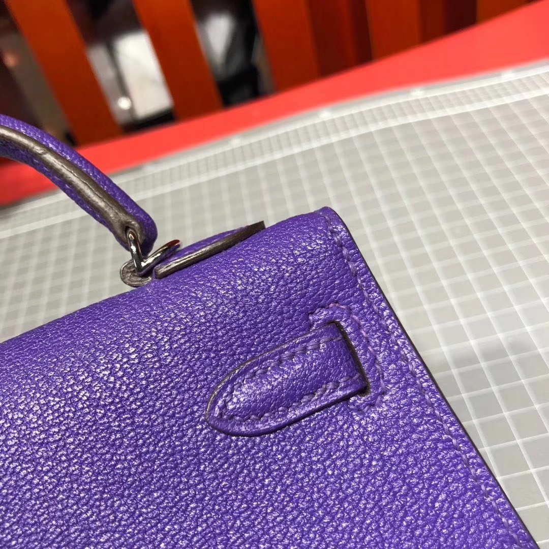 爱马仕手拿包 Hermes Minikelly2代 9W梦幻紫原厂御用山羊皮迷你凯莉包2代 银扣