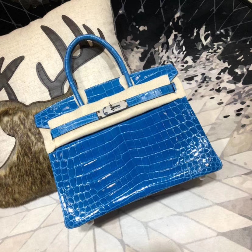 Hermes Birkin30CM 爱马仕希腊蓝亮光尼罗鳄鱼皮铂金包 银扣