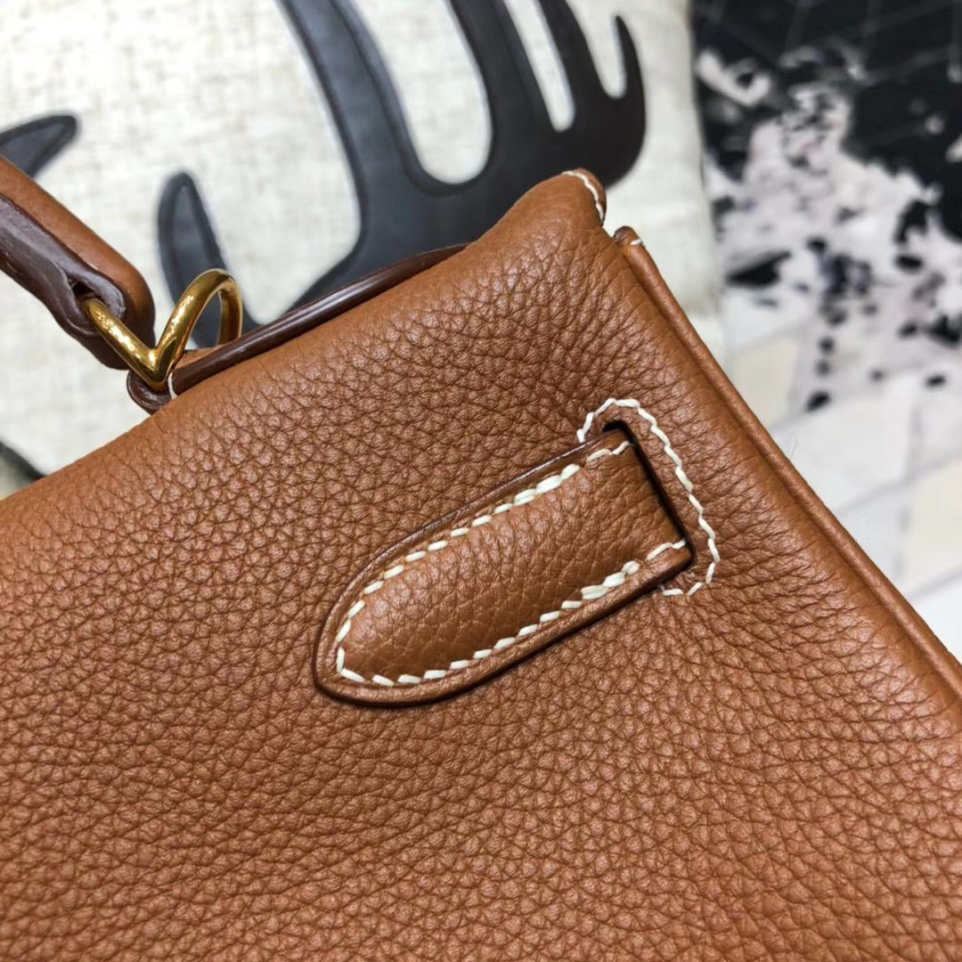 厂家直销 Hermes爱马仕土黄色原厂Togo小牛皮凯莉包Kelly32CM 金扣