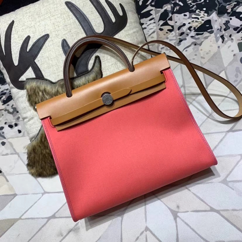 Hermes Herbag31CM 爱马仕唇膏粉帆布拼马鞍皮休闲手提单肩包