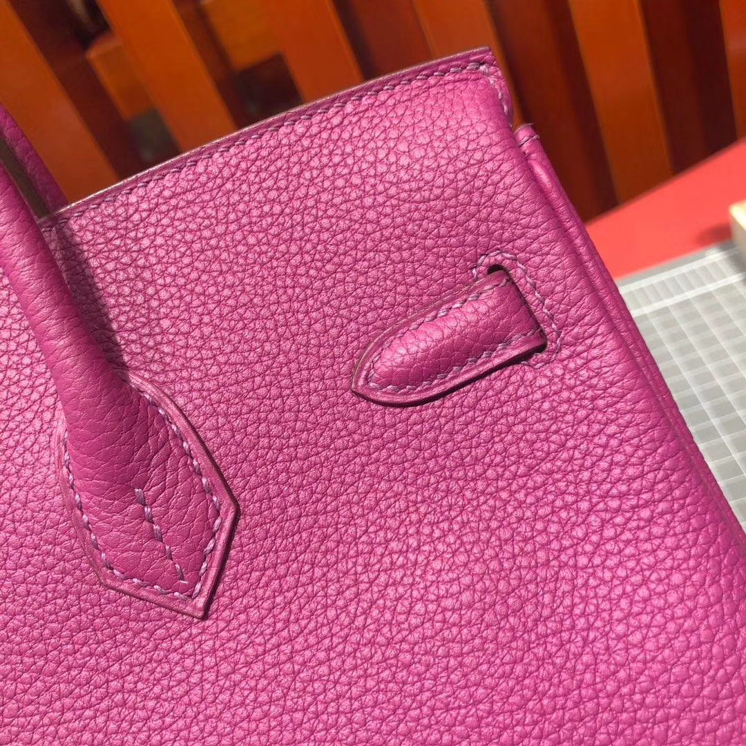 Hermes包包定制 爱马仕L3玫瑰紫法国顶级Togo皮铂金包Birkin25CM 金扣
