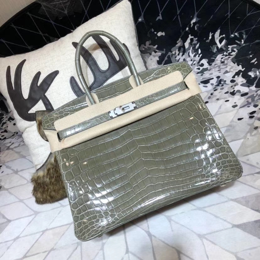 纯手工缝制 Hermes爱马仕亮光尼罗鳄鱼皮铂金包Birkin35CM 大象灰 银扣