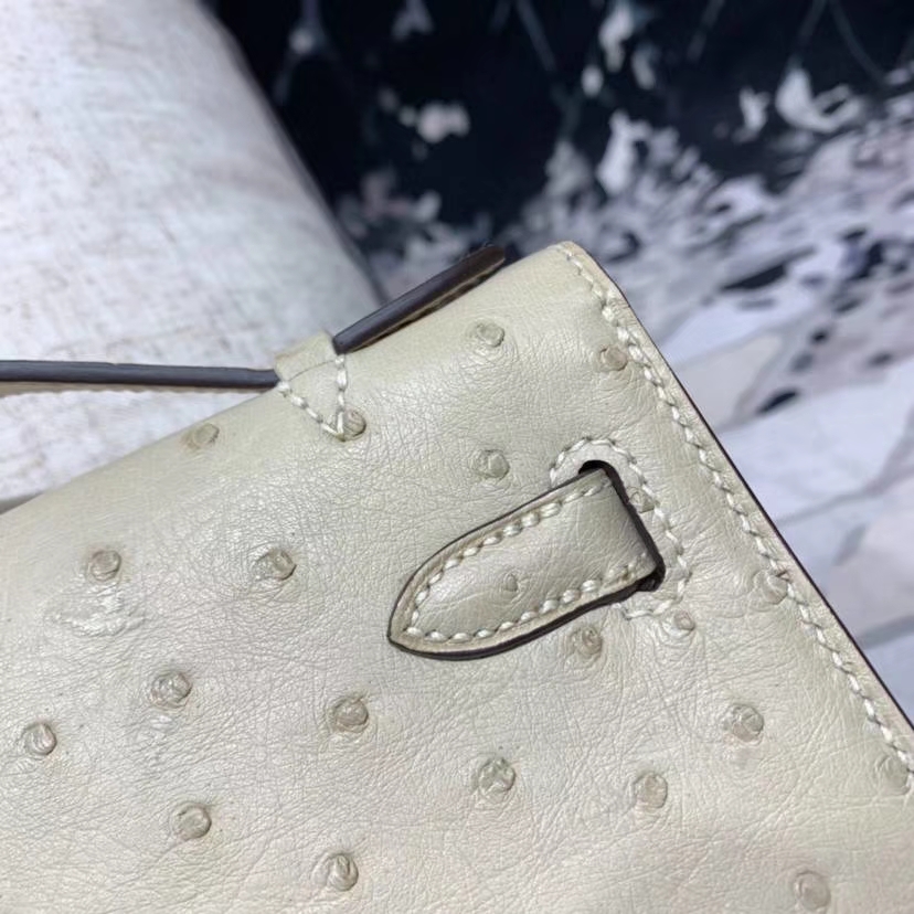 Hermes Minikelly Pochette22CM 爱马仕CC10奶昔白南非鸵鸟皮迷你凯莉包 银扣