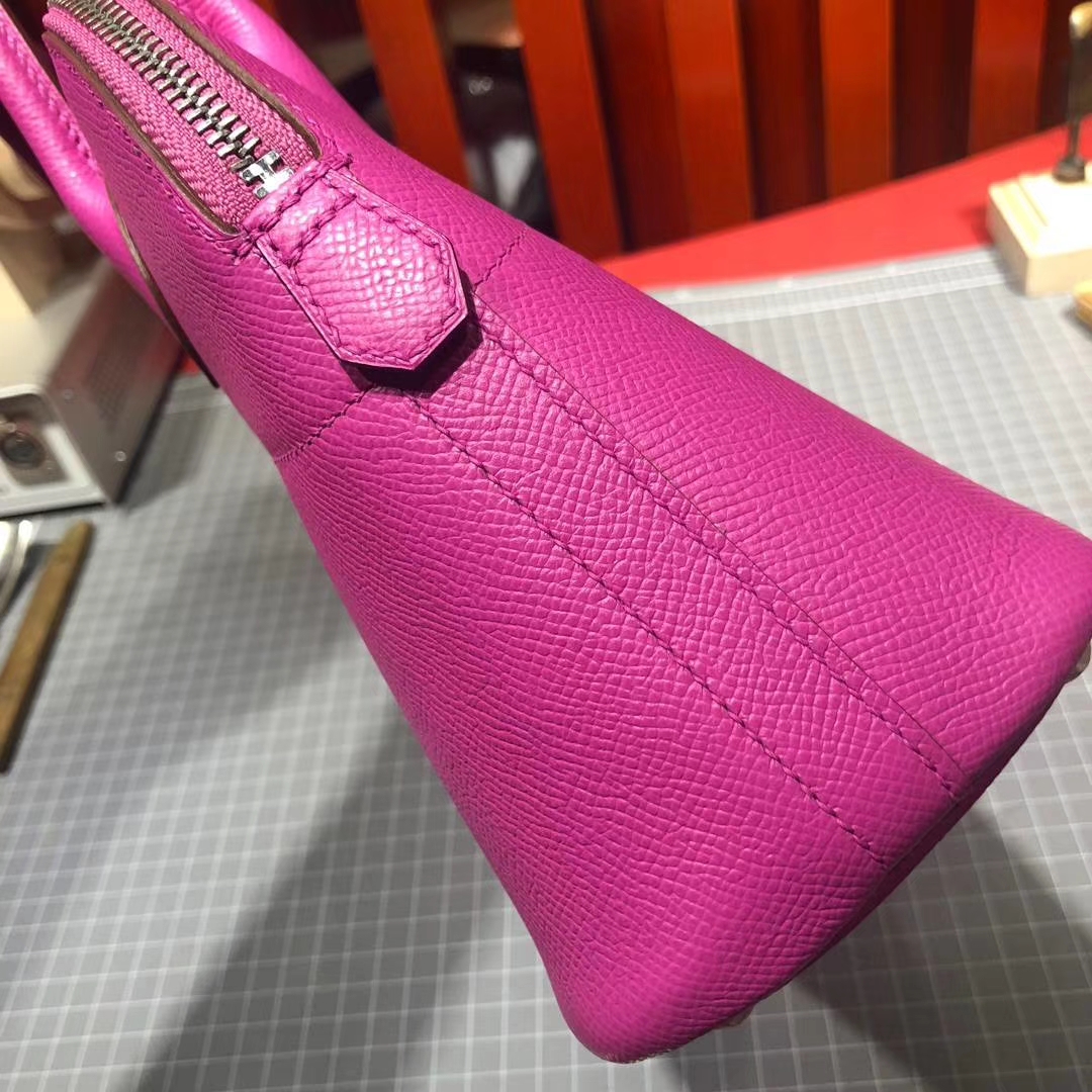 爱马仕新款女包 Hermes Bolide27CM 玉兰粉顶级Epsom牛皮保龄球包 银扣