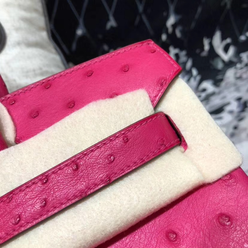 广州包包批发 Hermes爱马仕桃红色南非鸵鸟皮铂金包Birkin30CM 金扣