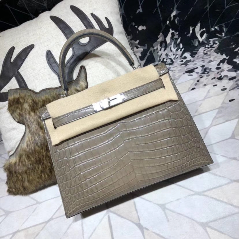 Hermes Kelly28CM 爱马仕大象灰亮光尼罗鳄鱼皮凯莉包外缝 银扣