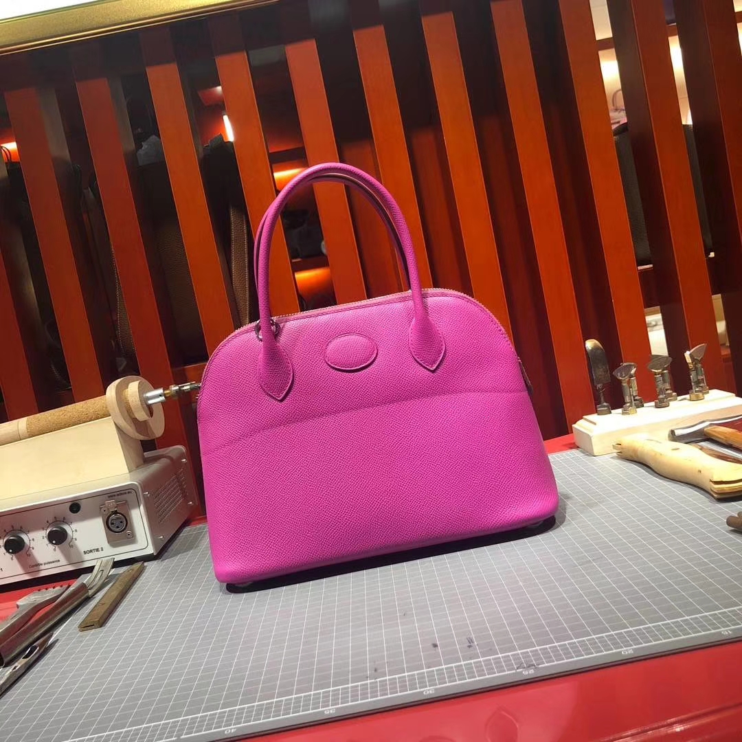 爱马仕新款女包 Hermes Bolide27CM 玉兰粉顶级Epsom牛皮保龄球包 银扣