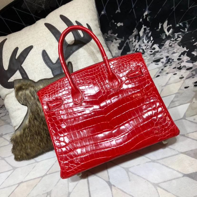 厂家直销 Hermes爱马仕Birkin30铂金包 法拉利红亮光尼罗鳄鱼皮 金扣