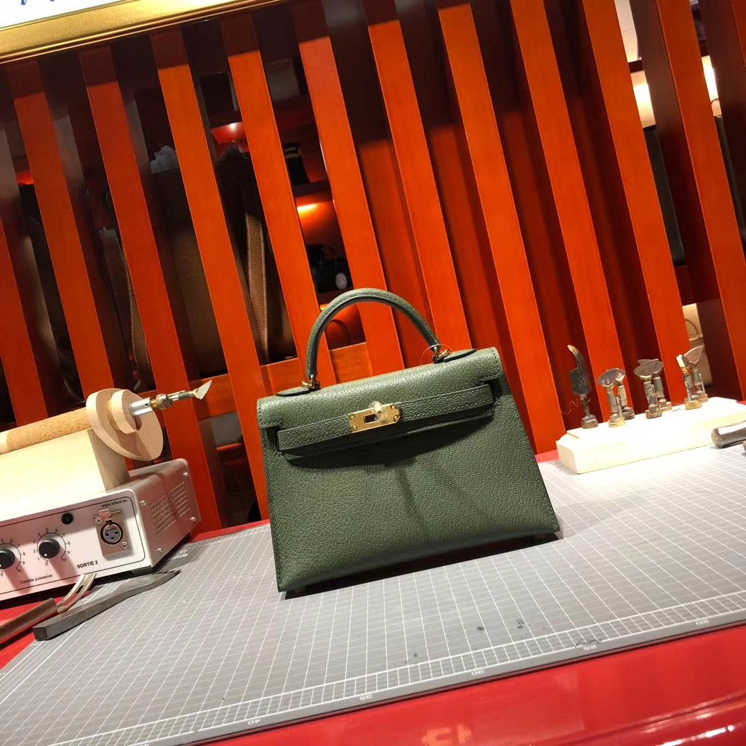 爱马仕Minikelly手包 Hermes原厂山羊皮迷你凯莉包2代 英国绿 金扣