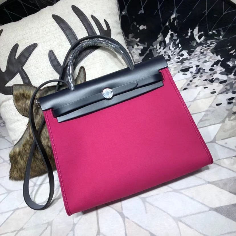 爱马仕新款女包 Hermes Herbag 玫瑰紫帆布拼皮手提单肩包