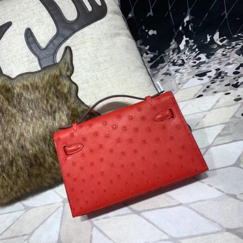 爱马仕迷你凯莉包 Hermes Minikelly Pochette22CM 51中国红南非鸵鸟皮 金扣