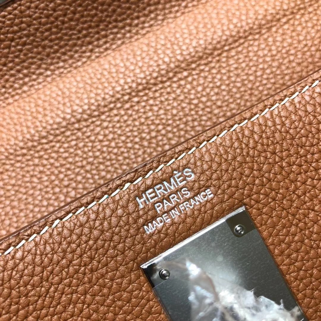 Hermes Kelly32CM 爱马仕原厂御用小牛皮内缝凯莉包 土黄色 银扣
