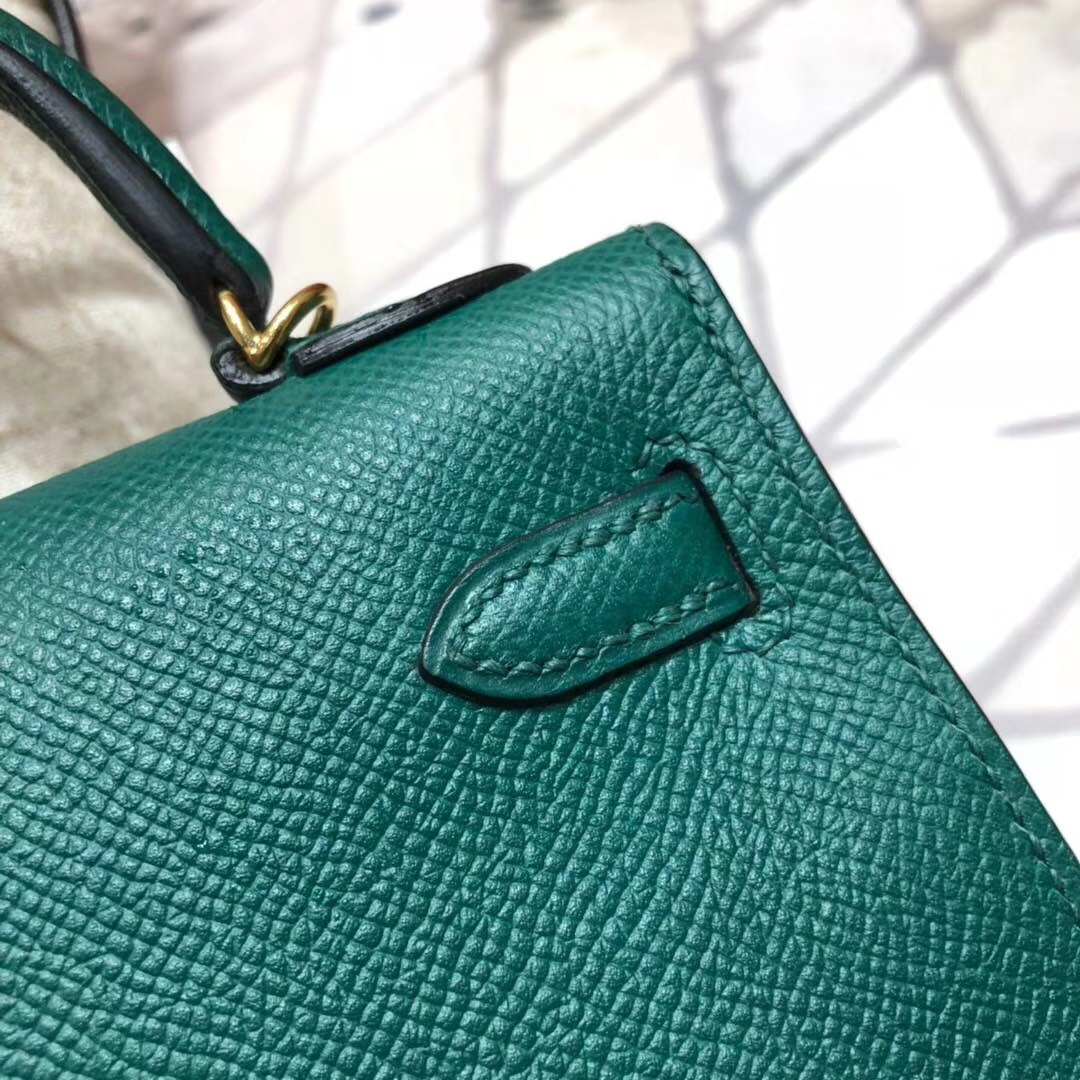 Hermes Minikelly2代 爱马仕孔雀绿原厂 御用掌纹牛皮迷你凯莉包2代 金扣