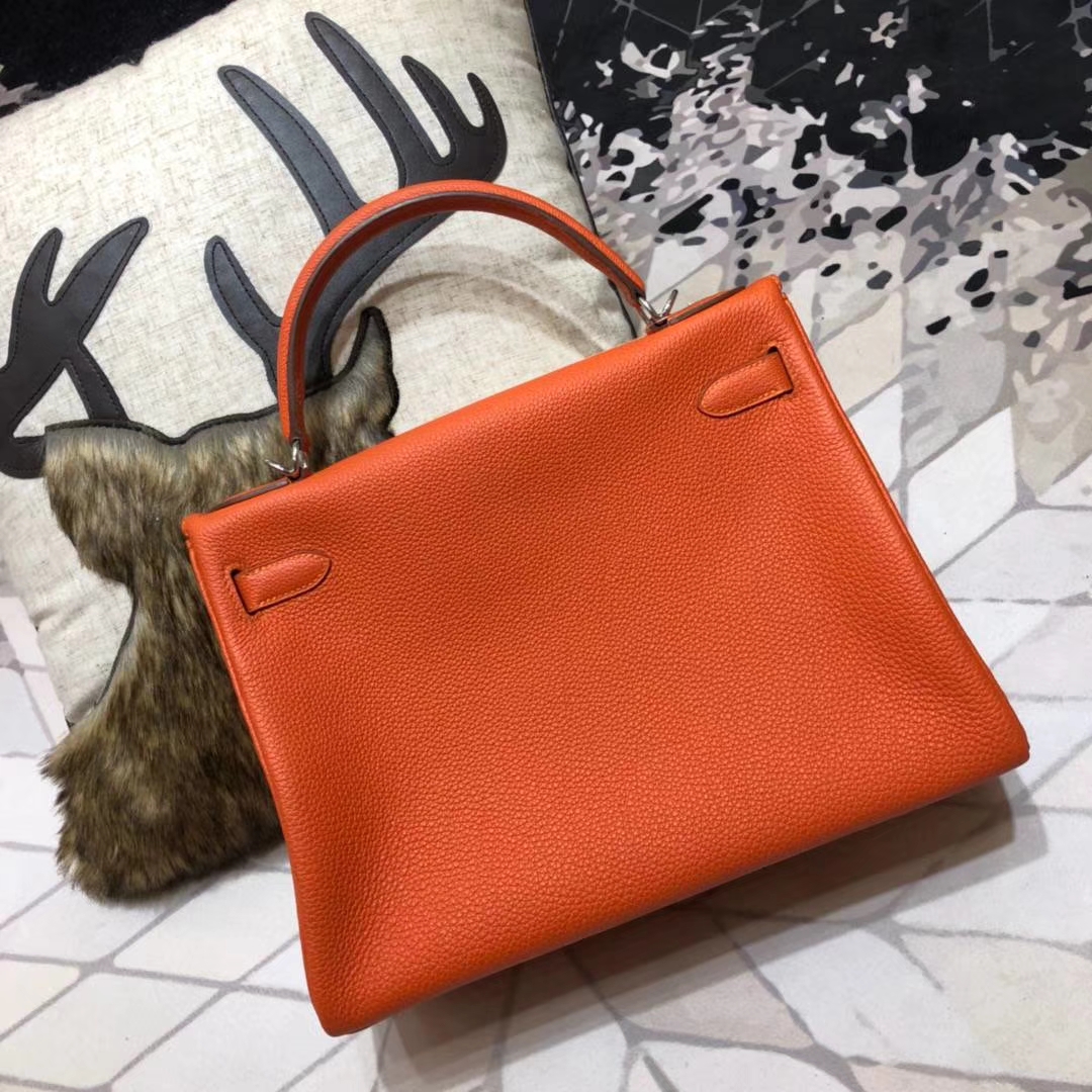 爱马仕Kelly女包32CM Hermes橙色原厂Togo小牛皮内缝凯莉包 银扣