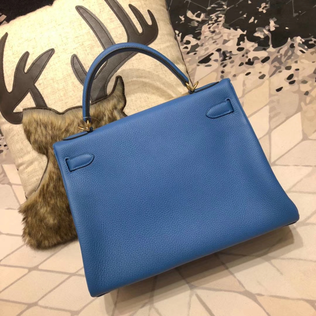 爱马仕凯莉包价格 Hermes Kelly32CM 希腊蓝原厂御用小牛皮Kelly女包 金扣