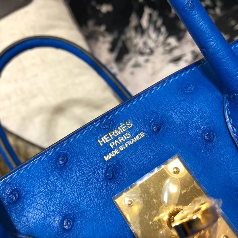 爱马仕包包官网 Hermes Birkin30CM 水妖蓝南非鸵鸟皮铂金包 金扣