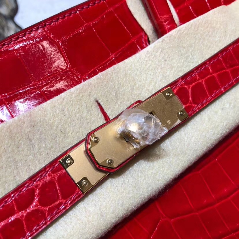 厂家直销 Hermes爱马仕Birkin30铂金包 法拉利红亮光尼罗鳄鱼皮 金扣