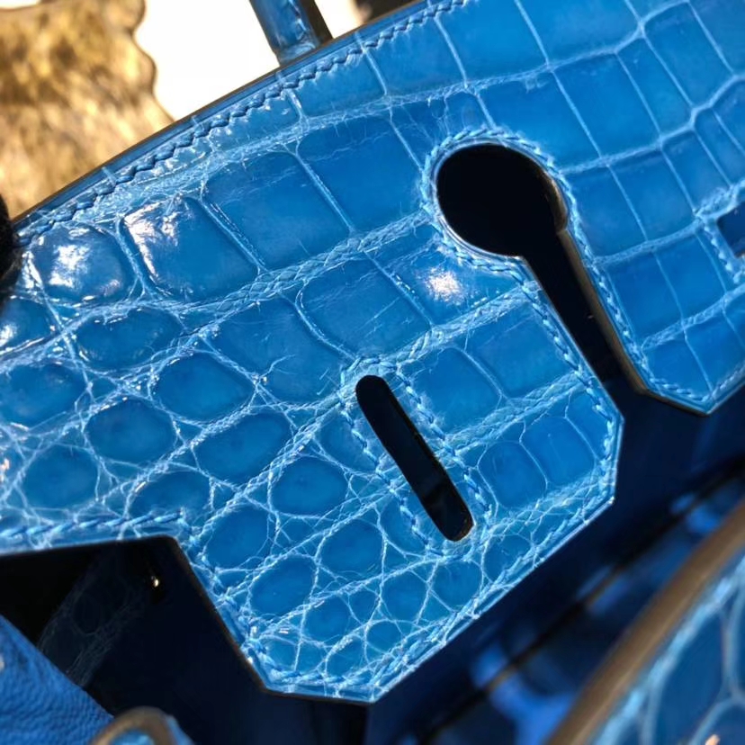 Hermes Birkin30CM 爱马仕希腊蓝亮光尼罗鳄鱼皮铂金包 银扣