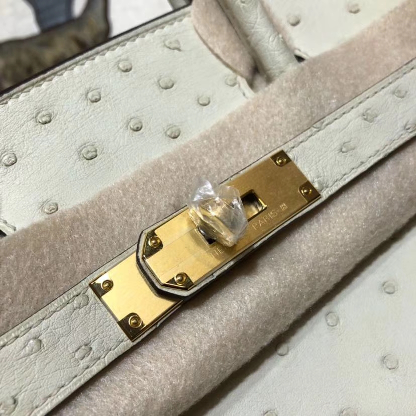 Hermes Birkin30CM 爱马仕羊毛白南非鸵鸟皮铂金包Birkin女包 金扣