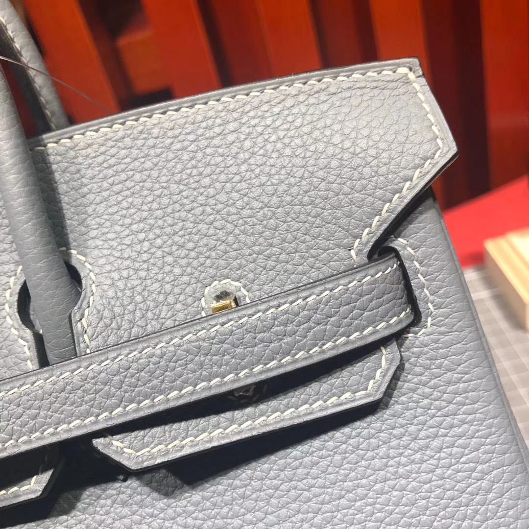 顶级工艺 Hermes爱马仕J7亚麻蓝原厂荔枝纹牛皮Birkin25CM铂金包 金扣