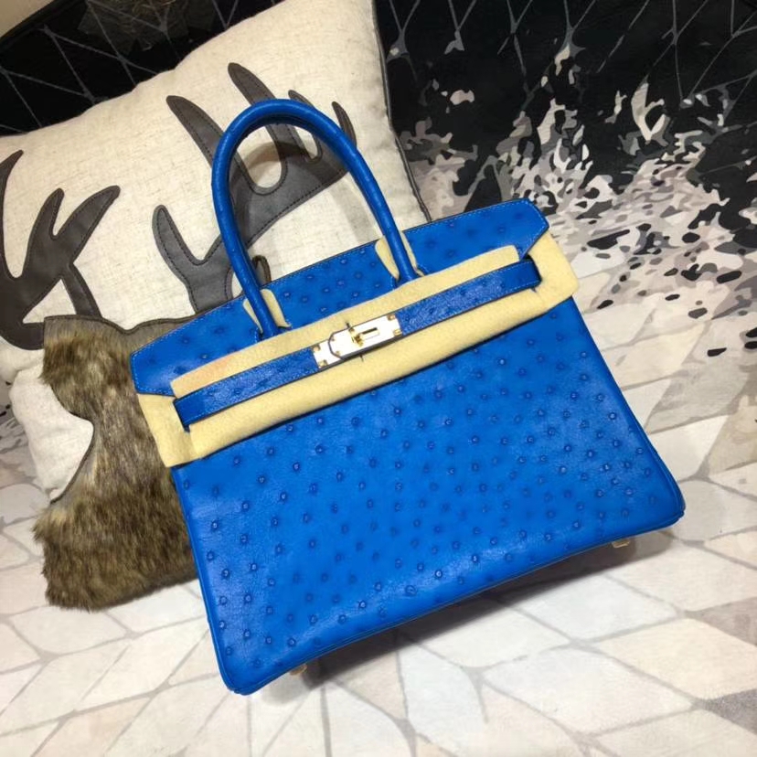 爱马仕包包官网 Hermes Birkin30CM 水妖蓝南非鸵鸟皮铂金包 金扣