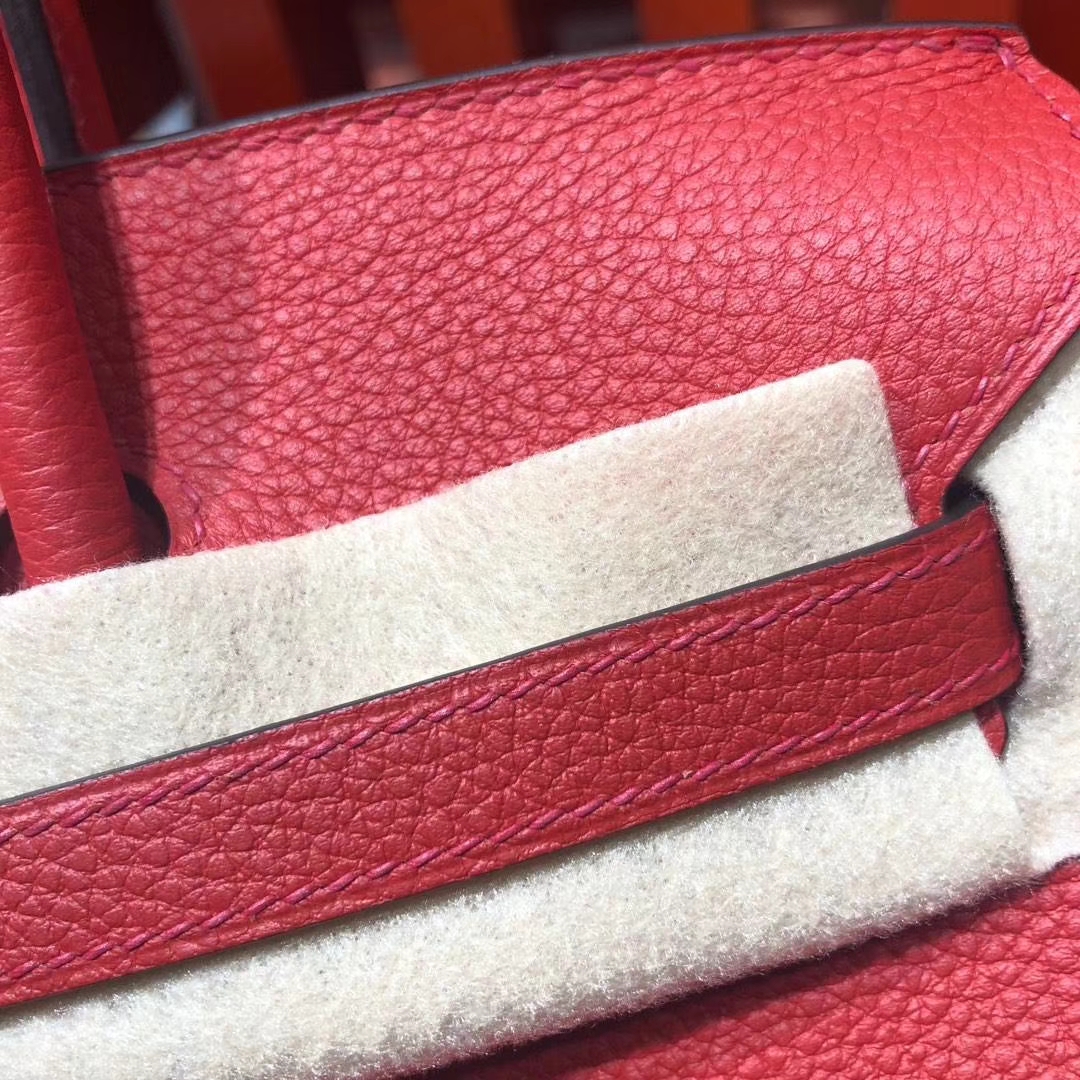 广州包包批发 Hermes爱马仕S5蕃茄红法国顶级荔枝纹牛皮铂金包Birkin25CM 金扣
