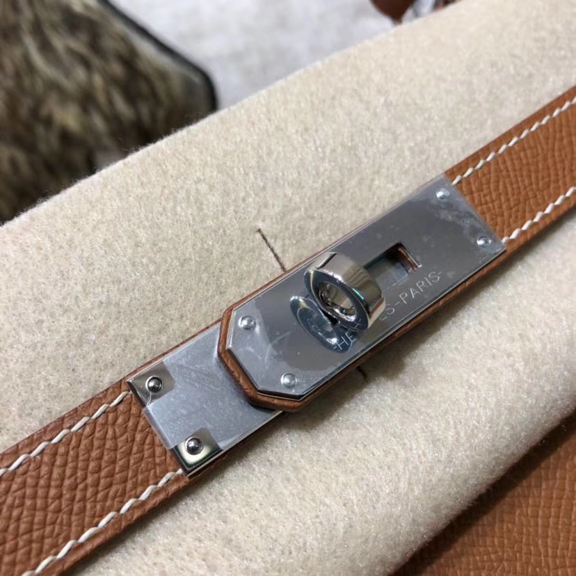 Hermes Kelly28CM 爱马仕土黄色顶级掌纹牛皮凯莉包Kelly女包 银扣
