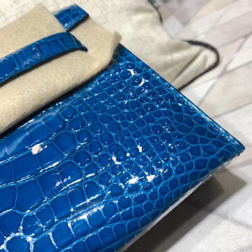 Hermes Minikelly22CM 爱马仕希腊蓝亮光鳄鱼皮迷你凯莉包手包 金扣