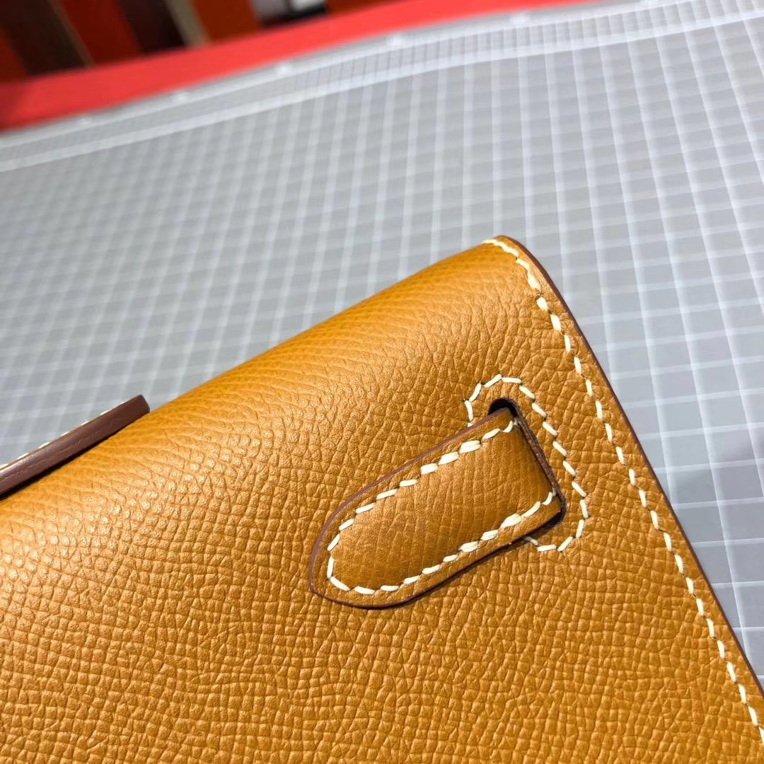 爱马仕手拿包 Hermes Kelly Cut CK75土黄色原厂掌纹牛皮晚宴包 银扣
