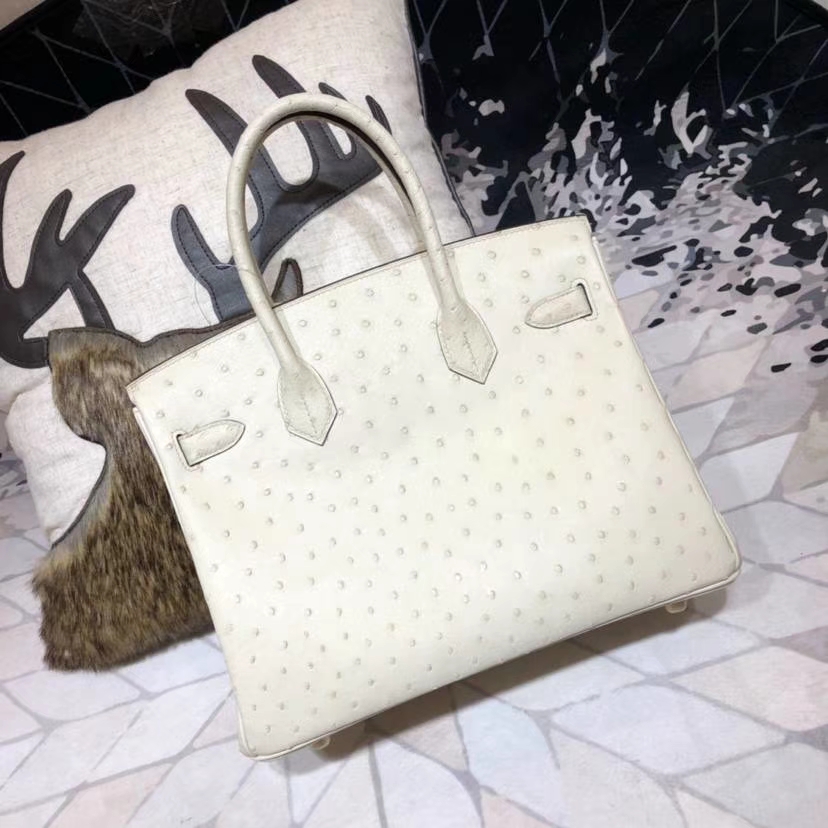 Hermes Birkin30CM 爱马仕羊毛白南非鸵鸟皮铂金包Birkin女包 金扣