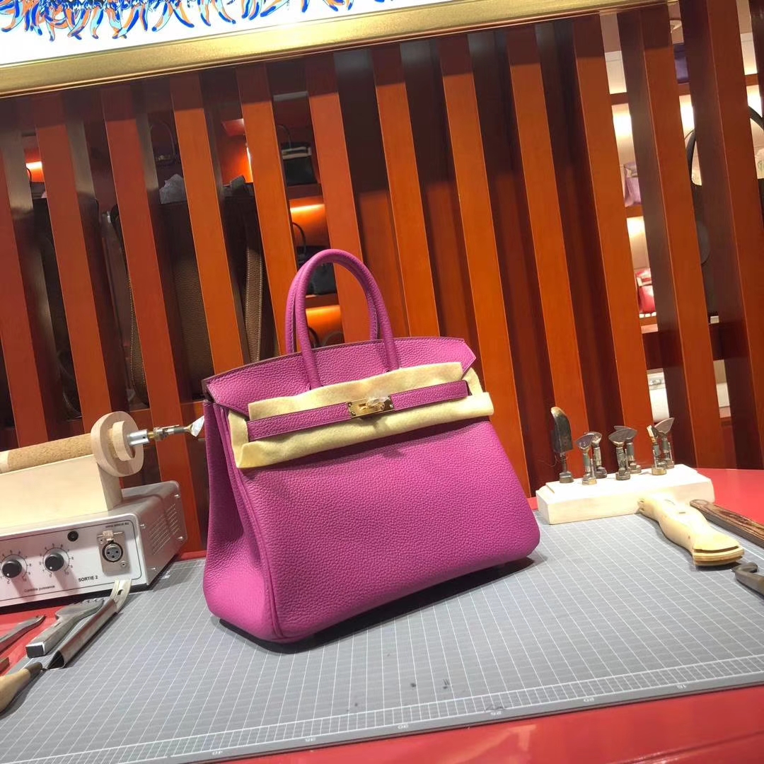 Hermes包包定制 爱马仕L3玫瑰紫法国顶级Togo皮铂金包Birkin25CM 金扣