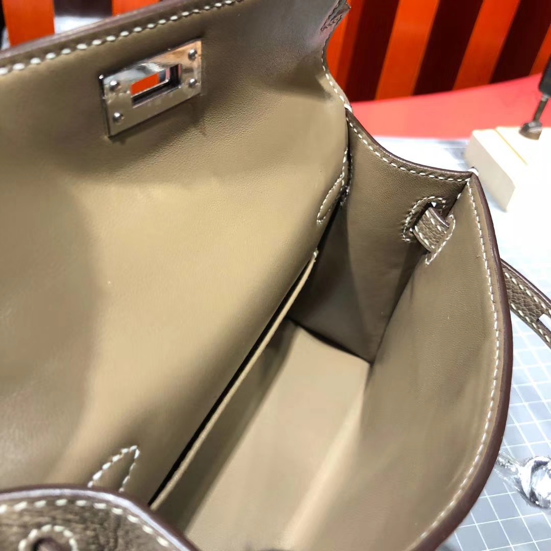 Hermes Minikelly2代 爱马仕大象灰顶级山羊皮迷你凯莉包2代晚宴手包 银扣