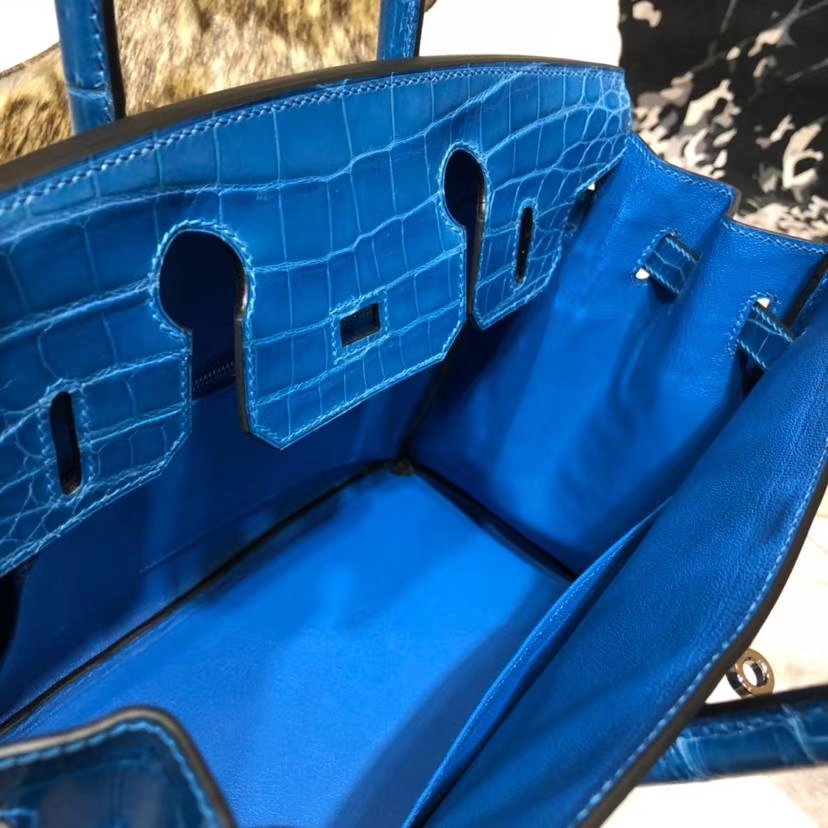 Hermes Birkin30CM 爱马仕希腊蓝亮光尼罗鳄鱼皮铂金包 银扣